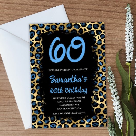 Blue Gold Leopard gekleurd zwart 60th Birthday Kaart