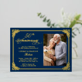 Blue Gold Lijst Wedding Jubileum Foto Folie Uitnodiging (Staand Voorkant)