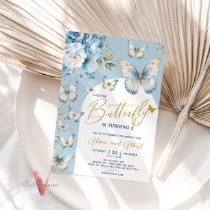Blue Gold Little Butterfly Baby shower Kaart