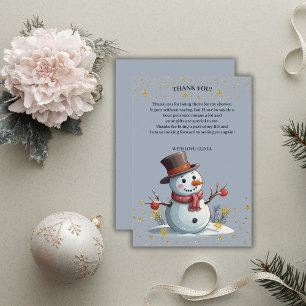Blue & Gold Little Snowflakes Snowman Baby shower Bedankkaart