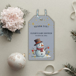 Blue & Gold Little Snowflakes Snowman Baby shower Cadeaulabel