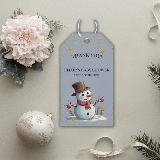 Blue & Gold Little Snowflakes Snowman Baby shower Cadeaulabel