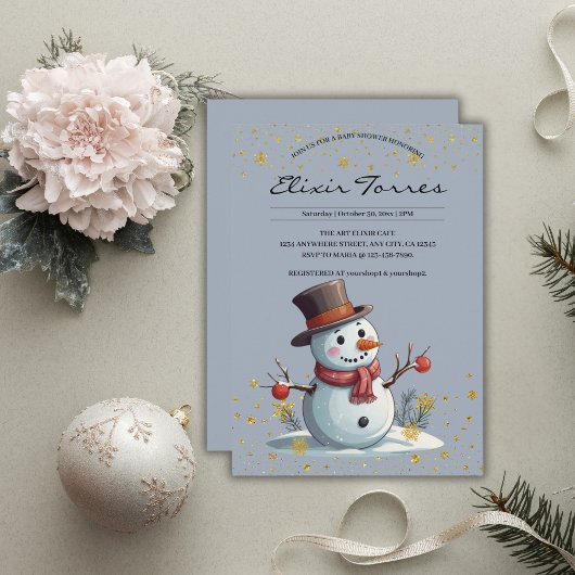 Blue & Gold Little Snowflakes Snowman Baby shower Kaart