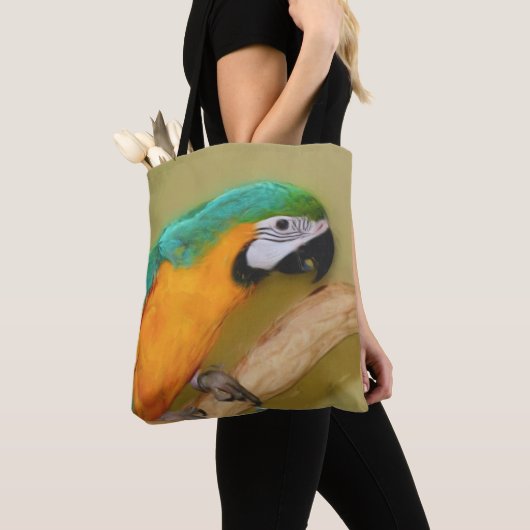 Blue Gold Macaw Parrot fotoschilderen Tote Bag (Dichtbij)