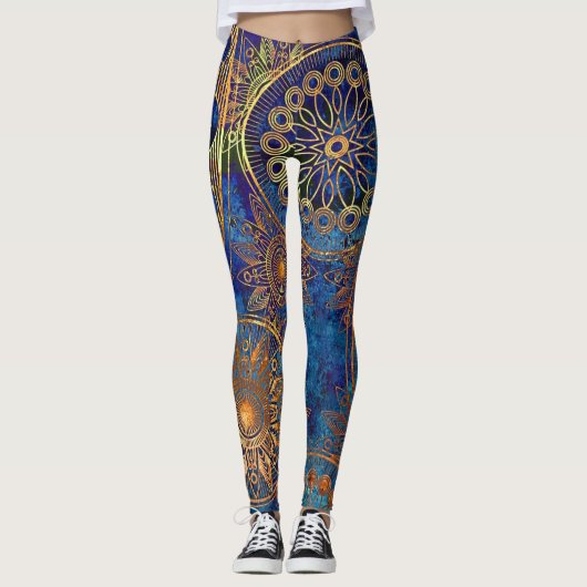 Blue Gold Mandala Celestial Steampunk Pattern Leggings (Voorkant)