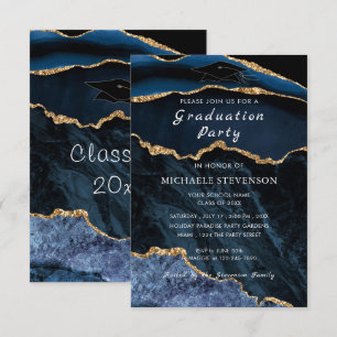 Blue Gold Marble Afstuderen Invitation Sjabloon