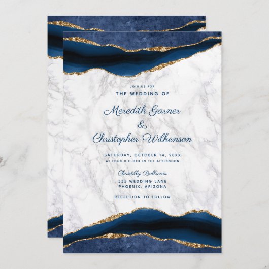 Blue Gold Marble Agate Wedding Uitnodiging (Voorkant / Achterkant)