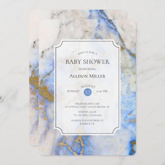 Blue & Gold Marble Baby shower Kaart (Voorkant / Achterkant)