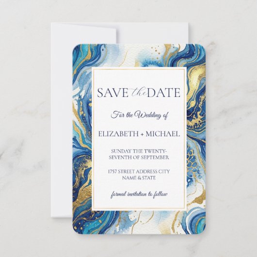 Blue Gold Marble  Elegant Wedding Save the Date (Voorkant)