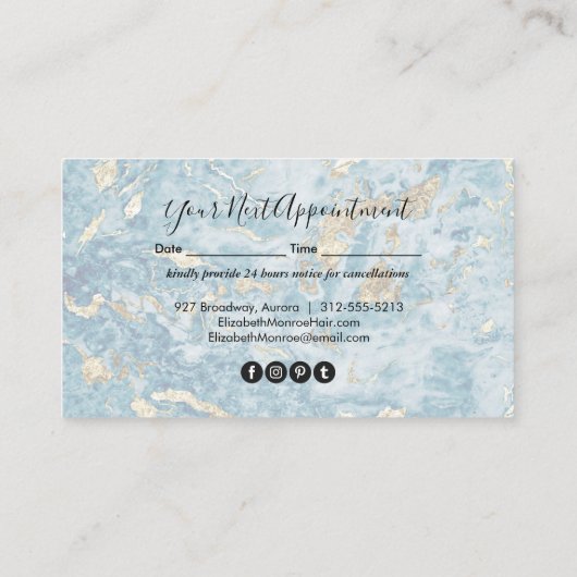 Blue Gold Marble Hair Stylist Salon Makeup Afsprakenkaartje (Achterkant)