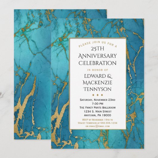 Blue Gold Marble Jubileum Party Invitation Kaart (Voorkant / Achterkant)