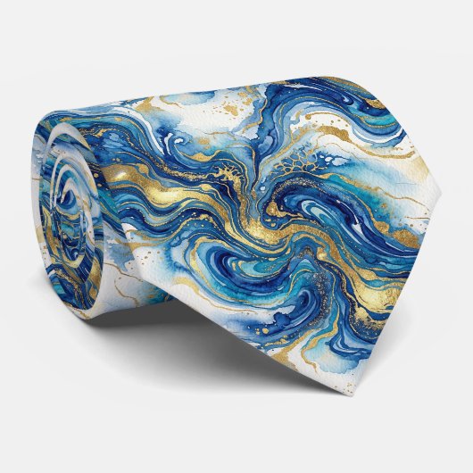 Blue Gold Marble Luxury Abstract Fluid Art Pattern Stropdas (Opgerold)