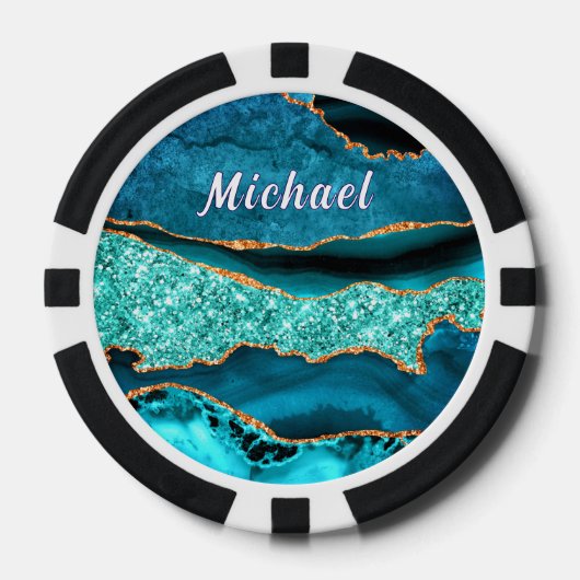 Blue Gold Marble Poker Chips met aangepaste naam (Voorkant)