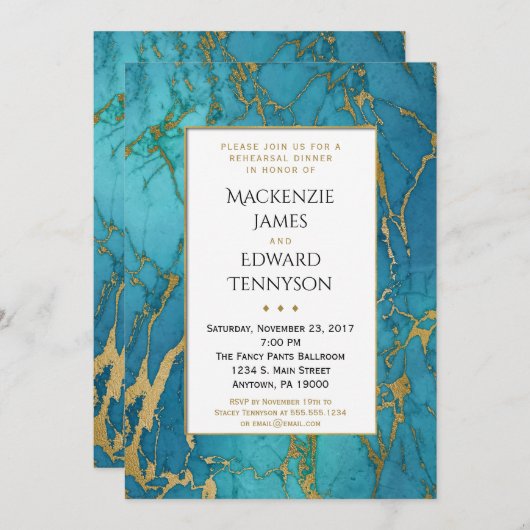 Blue Gold Marble Rehearings Dinner Invitation Kaart (Voorkant / Achterkant)