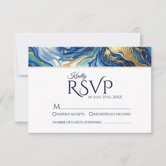 Blue Gold Marble RSVP Elegant Wedding Response Kaartje (Voorkant)