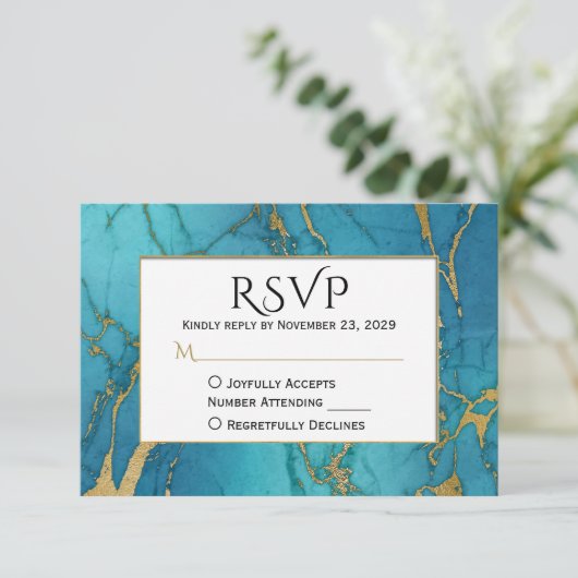Blue Gold Marble RSVP Wedding Response (Staand voorkant)