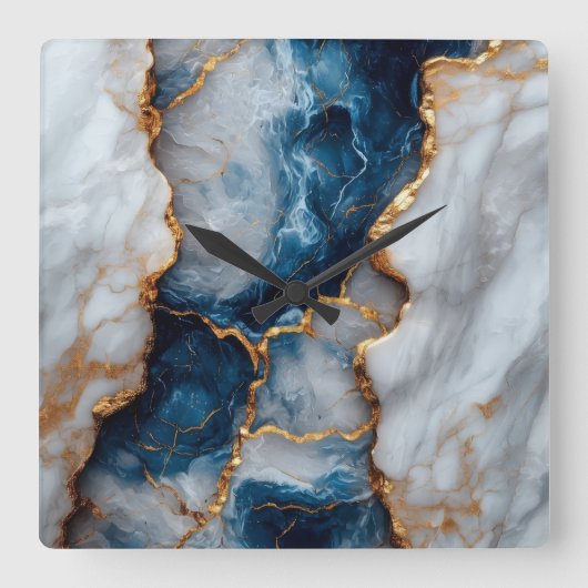 Blue & Gold Marble Square Wall Clock Vierkante Klok (Voorkant)