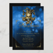 Blue Gold Masquerade Mardi Gras Ball Uitnodiging (Voorkant / Achterkant)