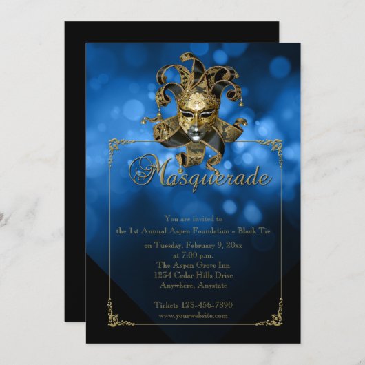 Blue Gold Masquerade Mardi Gras Ball Uitnodiging (Voorkant / Achterkant)