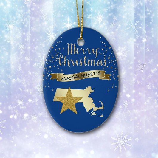 Blue Gold Massachusetts Star Keramisch Ornament