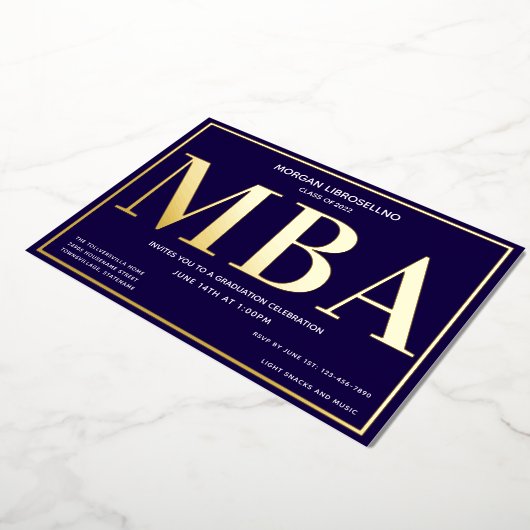 Blue Gold MBA Afstuderen Folie Uitnodiging (Gedraaid)