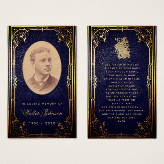 Blue Gold Memorial Funeral  Prayer Card Visitekaartje (Voorkant /achterkant)