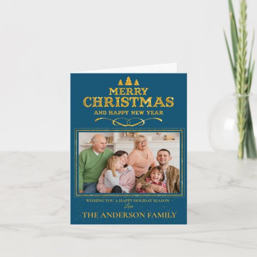 Blue Gold Merry Happy Nieuwjaarsfoto Feestdagen Kaart (Voorkant)