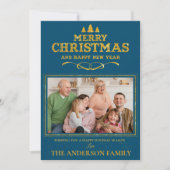 Blue Gold Merry Happy Nieuwjaarsfoto Feestdagenkaart (Voorkant)