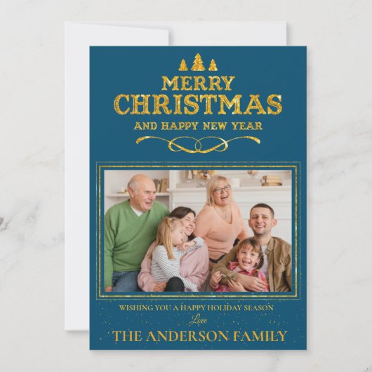 Blue Gold Merry Happy Nieuwjaarsfoto Feestdagenkaart (Voorkant)