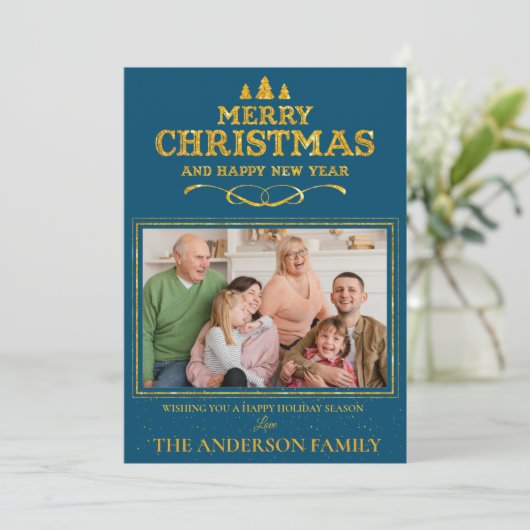 Blue Gold Merry Happy Nieuwjaarsfoto Feestdagenkaart (Staand voorkant)