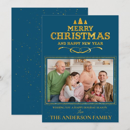 Blue Gold Merry Happy Nieuwjaarsfoto Feestdagenkaart (Voorkant / Achterkant)