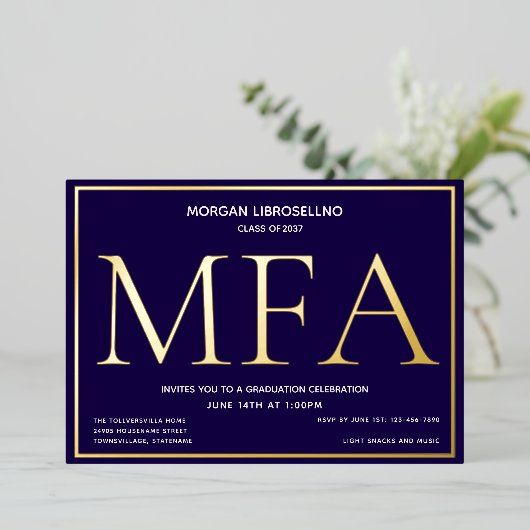 Blue Gold MFA-Afstuderen Folie Uitnodiging (Staand Voorkant)