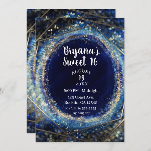Blue & Gold Modern Abstract Glam Sweet 16 Party Kaart (Voorkant / Achterkant)