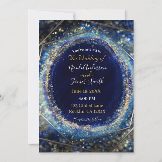 Blue & Gold Modern Abstract Glam Wedding Kaart (Voorkant)
