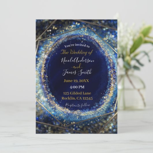 Blue & Gold Modern Abstract Glam Wedding Kaart (Staand voorkant)