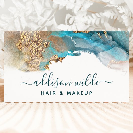 Blue Gold Modern Art Liquid Waterverf Ink QR Code Visitekaartje