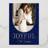 Blue Gold Modern Botanical Arch Joyful Foto Folie Feestdagenkaart (Voorkant)