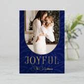 Blue Gold Modern Botanical Arch Joyful Foto Folie Feestdagenkaart (Staand Voorkant)