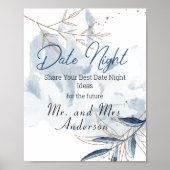 Blue Gold Modern Floral Elegant Date Night Sign Poster (Voorkant)