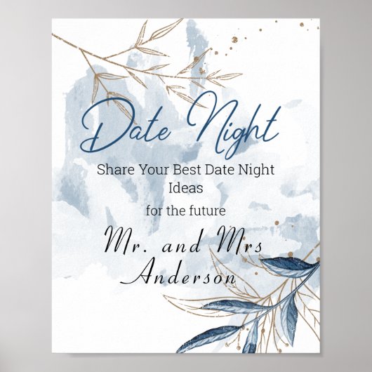 Blue Gold Modern Floral Elegant Date Night Sign Poster (Voorkant)