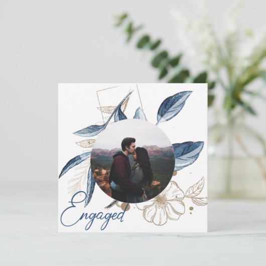 Blue Gold Modern Floral Elegant Glitter Verloving (Staand voorkant)