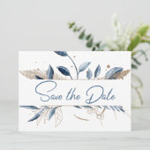Blue Gold Modern Floral Elegant Save the Date (Staand voorkant)