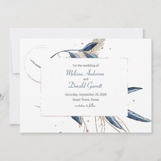 Blue Gold Modern Floral Elegant Save the Date (Achterkant)