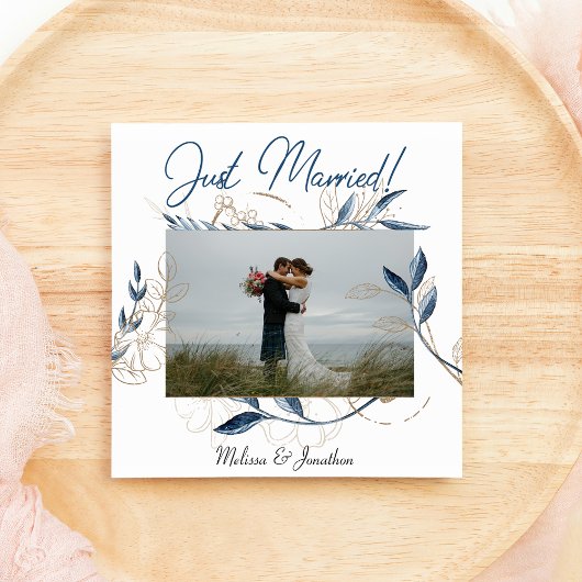 Blue Gold Modern Floral Elegant Wedding Aankondiging