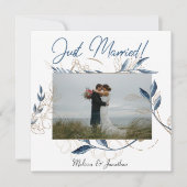 Blue Gold Modern Floral Elegant Wedding Aankondiging (Voorkant)