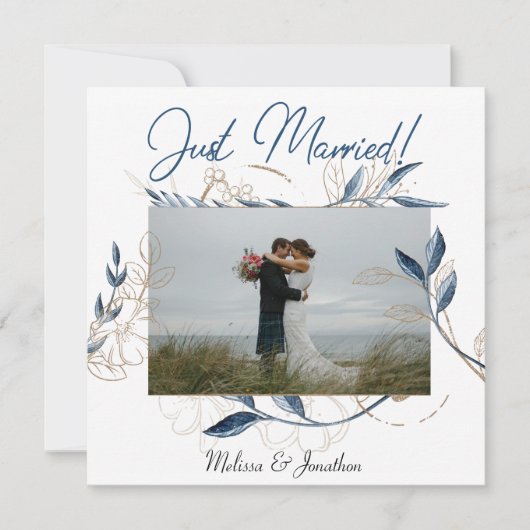 Blue Gold Modern Floral Elegant Wedding Aankondiging (Voorkant)