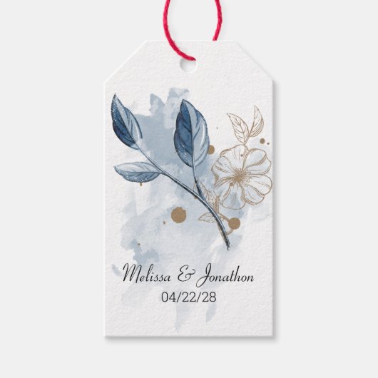 Blue Gold Modern Floral Elegant Wedding Cadeaulabel (Voorkant)