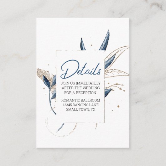 Blue Gold Modern Floral Elegant Wedding Informatiekaartje (Voorkant)
