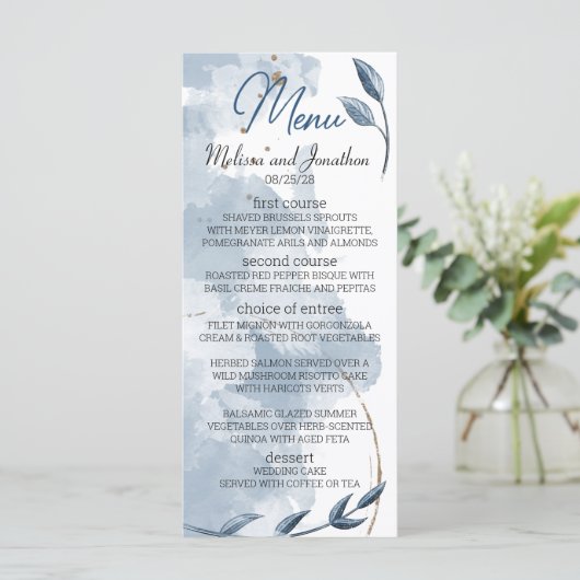 Blue Gold Modern Floral Elegant Wedding Menu (Staand voorkant)