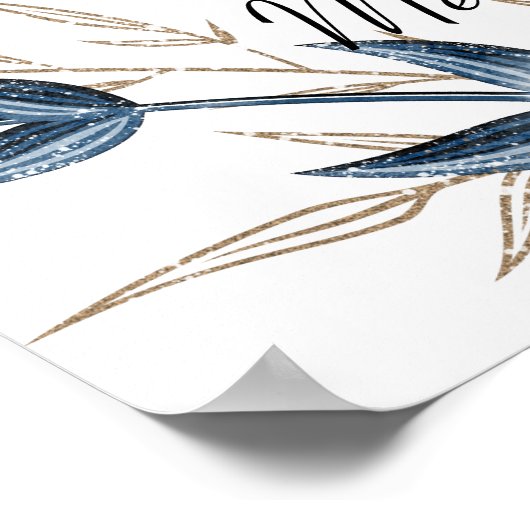 Blue Gold Modern Floral Elegant Wedding Poster (Hoek)